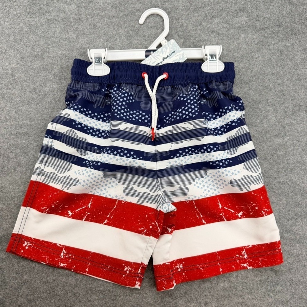 Tommy Bahama Boys M 7/8 American Flag Swim Trunks UPF 50 Red White Blue NWT